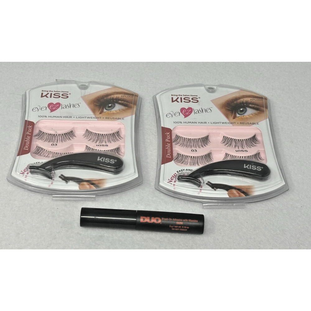 Kiss Ever EZ Lashes x2 Eyelashes Reusable 100% Human Hair Duo Adhesive New